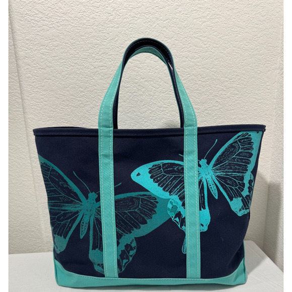 LL Bean Boat & Tote Bag Navy Blue Turquoise LARGE Size 15x22 Butterfly - Picture 1 of 10